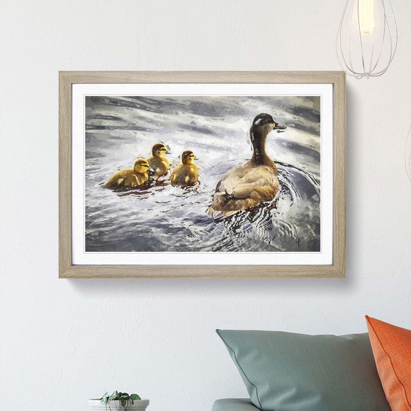 Ducklings with Mother Duck - Picture Frame Graphic Art Print, 36cm H x 48cm W x 2cm D, Oak Framed