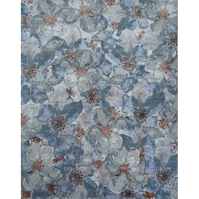 Tapis bleu abstrait noué à la main 8 pi x 10 pi