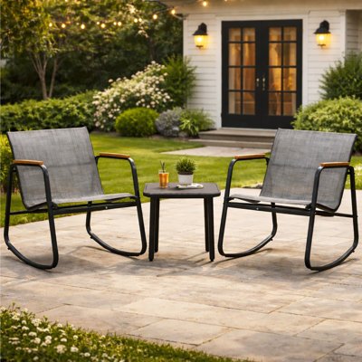 Kozyard 3 Piece Rocking Chair Set, Outdoor Rocking Textilene Bistro Set with Wooden Armrests, Outdoor Patio Furniture Set with Glass Table for Lawn, Porch, Yard, Garden, Balcony, Poolside Gray