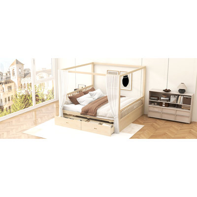Wooden Canopy Bed with Storage Drawers, King size, Natural