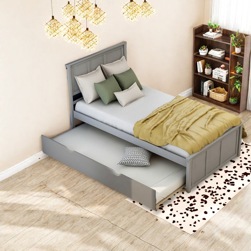 Lit plateforme en bois de pin gris avec lit gigogne