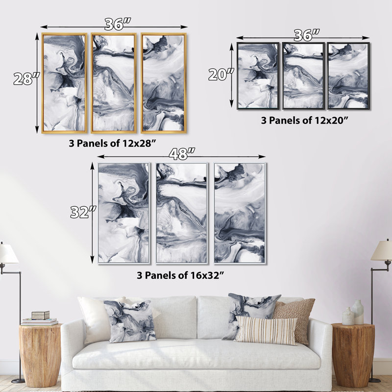 Abstrait noir et blanc - ensemble d'art moderne sur toile encadrée moderne de 3, H 32 po x l 48 po, Noir