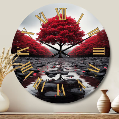 Red And Grey Forest Serenity - Floral Golden Face Wall Clock