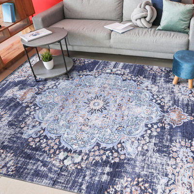 Tapis oriental bleu lavable à la machine Koressa