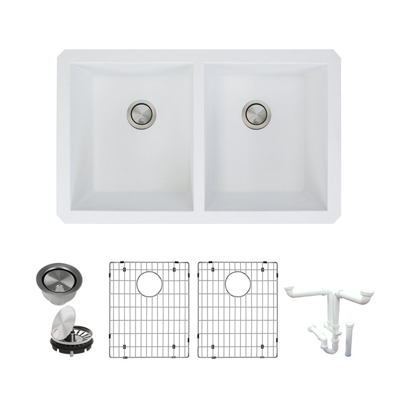 Évier de cuisine à double cuve avec filtre à panier en granite 32 po x l 19 po Radius, Blanc