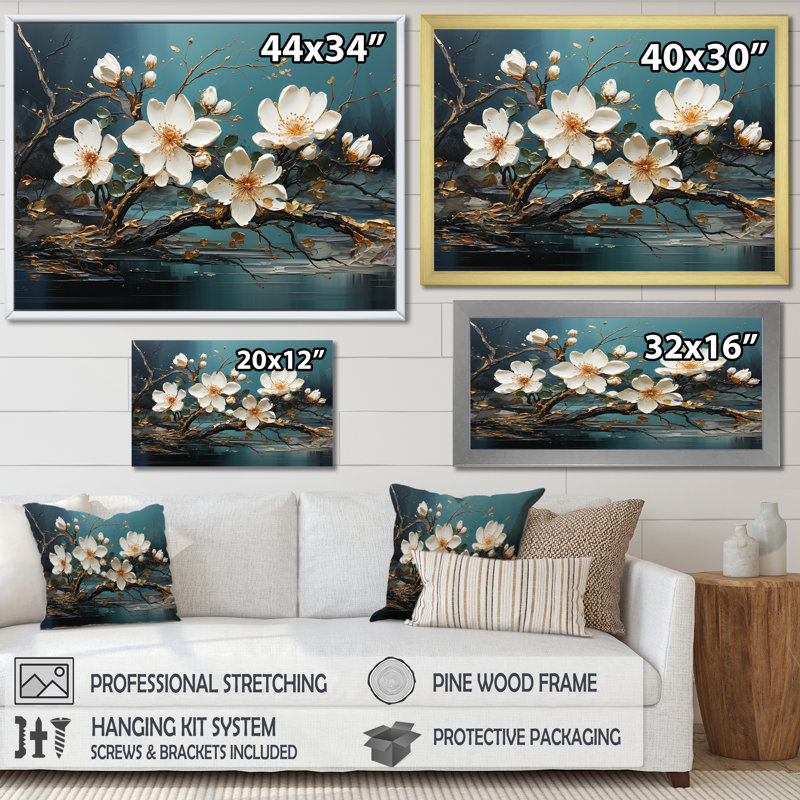 «White and Gold Charming Spring Flower Elegance I», art mural fleurs, Cadre d'angle fermé doré, H 16 po x l 32 po x P 1 po