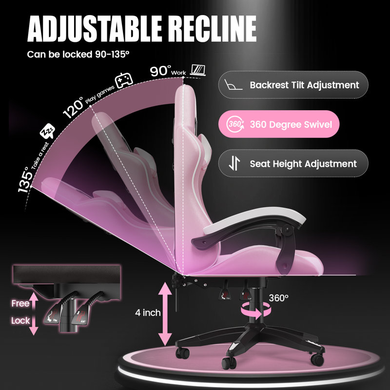 Stephen  Adjustable Reclining Ergonomic Swiveling PC & Racing Game Chair, White/Pink