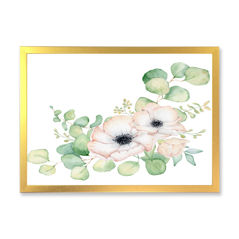 Bouquet de fleurs et feuilles d'eucalyptus III - Peinture sur toile, Cadre doré à coins fermés, H 34 po x l 44 po