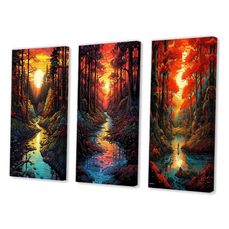 " Stunning Sunset Through The Forest Trees River " 3 - Pieces, Wrapped Canvas, 28" H x 36" W