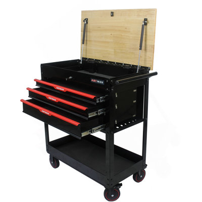 Chariot à outils multifonctionnel à 3 tiroirs avec roulettes et plateau en bois - noir et rouge