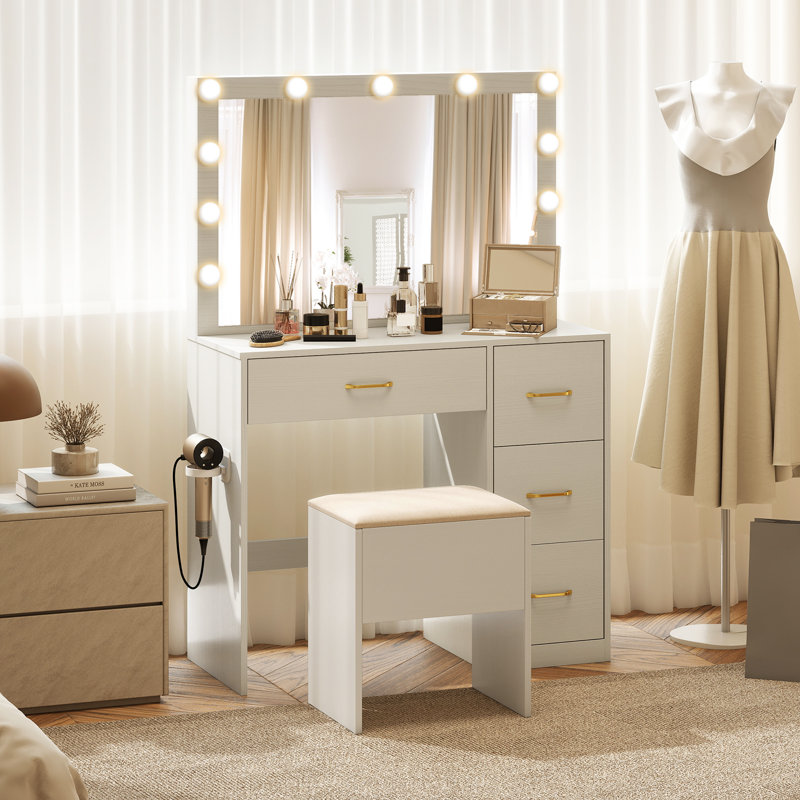 Coiffeuse avec miroir et lumières avec coiffeuse et tabouret de rangement