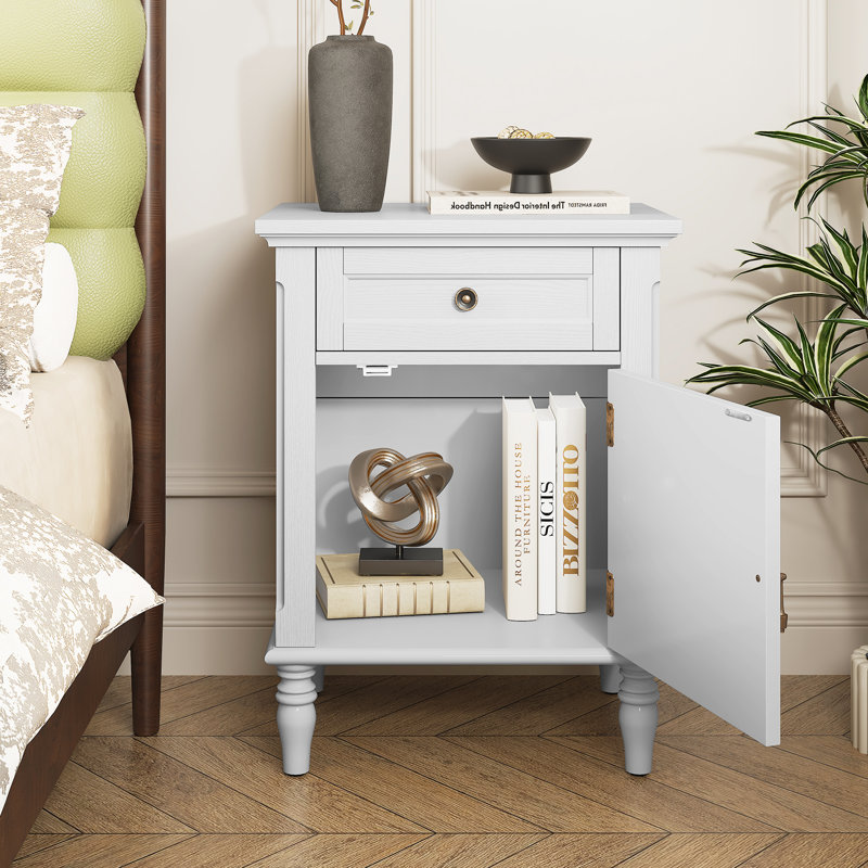 Vintage Nightstands with Drawer, End Table with Solid Wood Veneer (Set of 2), White