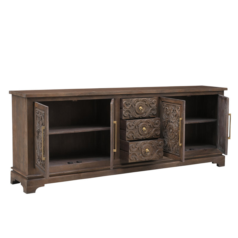 Buffet en bois massif sculpté à 3 tiroirs et 4 portes, Brun