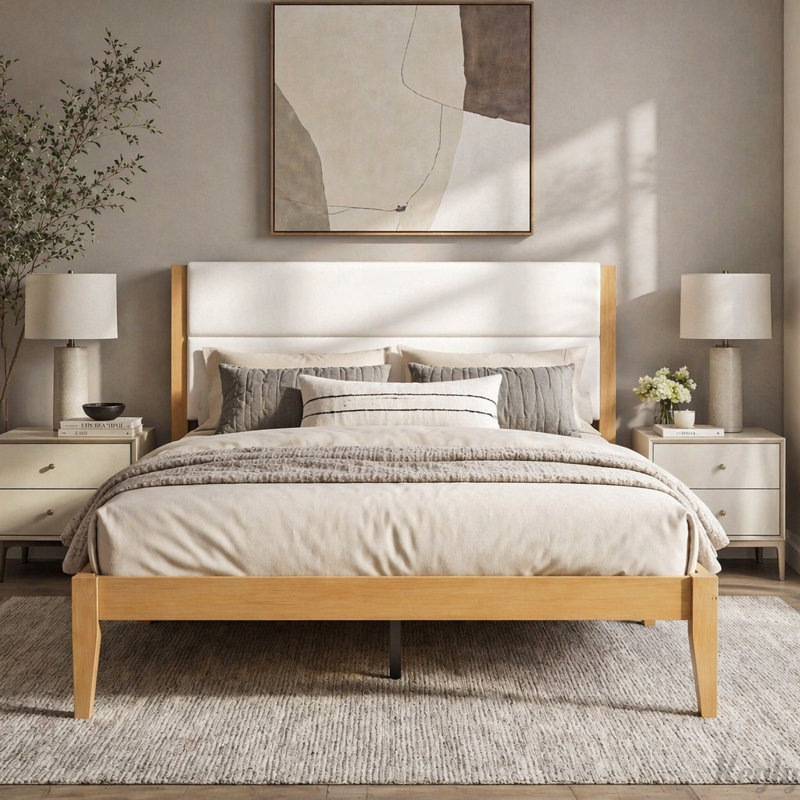 Lit plateforme Mid-Century avec tête de lit tapissier, King, Naturel