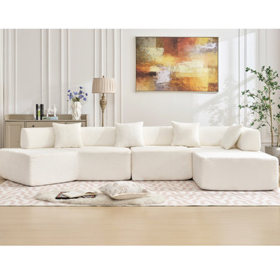 140" L-Shape Boucle With Chaise, No Assembly Required, Padding, 4 White Chaise For Living Room, 4 Seats, - Assembly, Stylish Modern Room Decoration