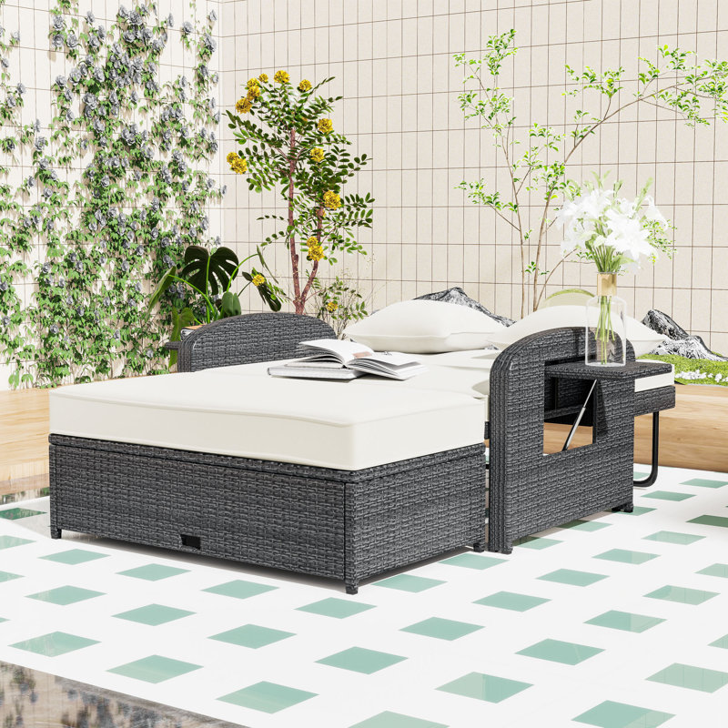 PE Rattan Double Chaise Lounge with Adjustable Backrest, Footrest and Comfortable Cushion, Gray, White