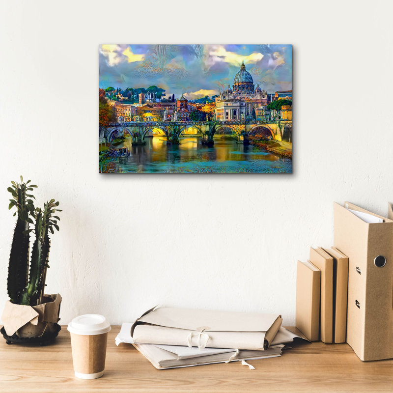 «Basilique Saint-Pierre et pont par jour» par Peter Gavidia, Art mural sur toile, H 12 po x l 18 po