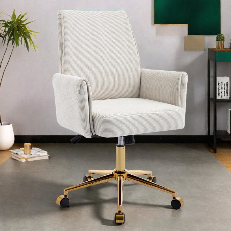 Chaise de travail en velours côtelé à dossier moyen avec base en métal doré, roues pivotantes et hauteur réglable, White