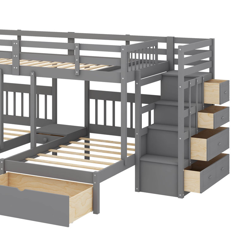 Lit superposé double au-dessus de simple et double en bois, avec rangement intégré et rails de protection, gris