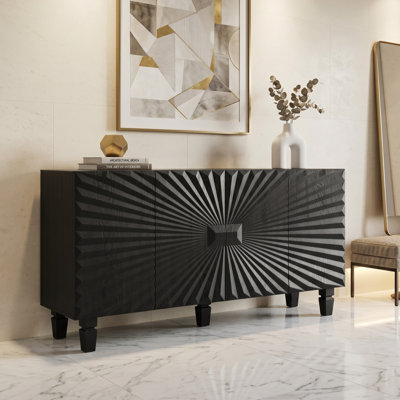 Buffet 59 po moderne noir avec 4 portes Sunburst, armoire de rangement avec pieds en bois massif pour cuisine, salle à manger, vestibule
