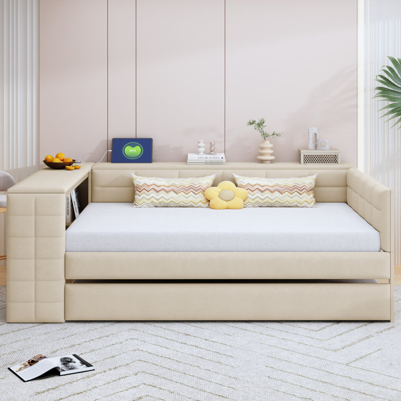 Upholstered Daybed With Charging Station And Trundle, Beige