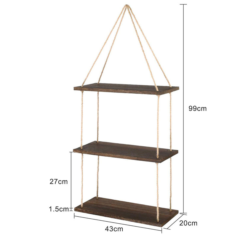 3 Tiers Rustic Wooden Floating Shelf Wall Hanging Rope Shelf Mounted Storage Unit