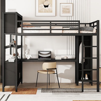 Metal Loft Bed with Wardrobe And L-shaped Desk, Loft Bed with Storage Cubes and Shelves, Heavy Duty Loft Bed for Kids Teens Adults