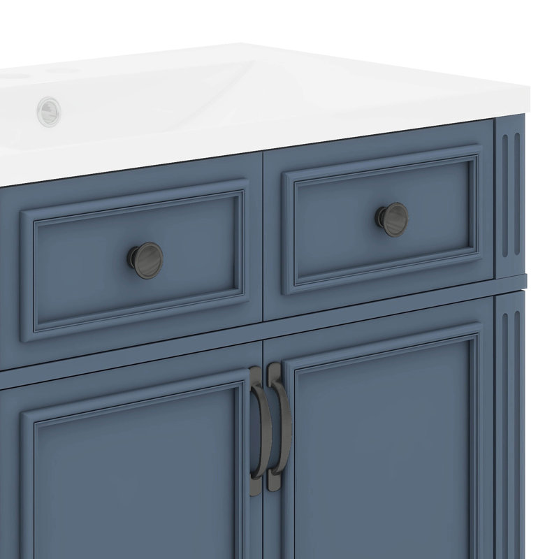 Meuble-lavabo de style rétro avec lavabo en céramique et structure en bois massif, Noir, Bleu
