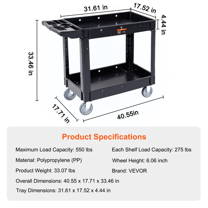 Black Heavy Duty 2-Shelf Rolling Utility Cart with Swivel Wheels