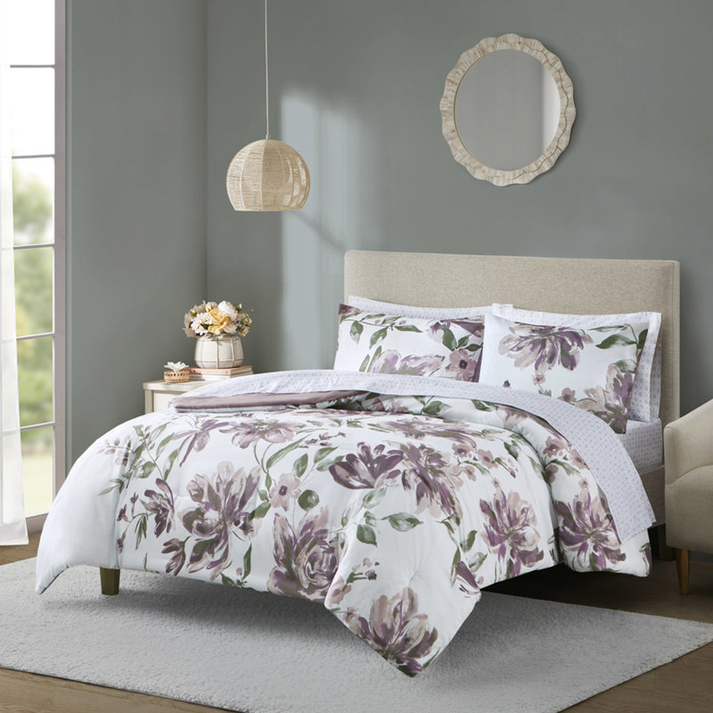 Édredon 100% avec imprimé floral et motifs mauves, Édredon double et 5 pièces supplémentaires