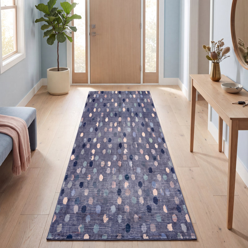 Tapis Lowland Modern à poils courts, motif mosaïque mouchetée abstraite, bleu marine, turquoise, gris, crème et rose, lavable à la machine, antidérapant, pour l'intérieur et l'extérieur, adapté aux animaux domestiques, idéal pour le salon, la chambre, la salle à manger, l'entrée, le couloir ou le bureau.