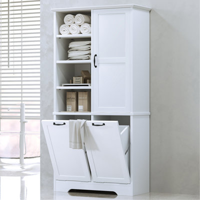 Armoire de rangement pour salle de bain avec portes et tiroirs, panier à linge inclinable, plusieurs espaces de rangement, style autoportant, tablette ouverte, tablette réglable, blanc