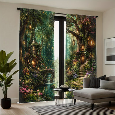 2PCS Enchanted Forest Fairy House Light Filtering Curtains with Lanterns Pattern and Water Lily Pond, Whimsical Woodland Theme Decor, Easy Hang Rod Pocket Design, All-Season for Home Living Room Bedroom Dormitory Decoration