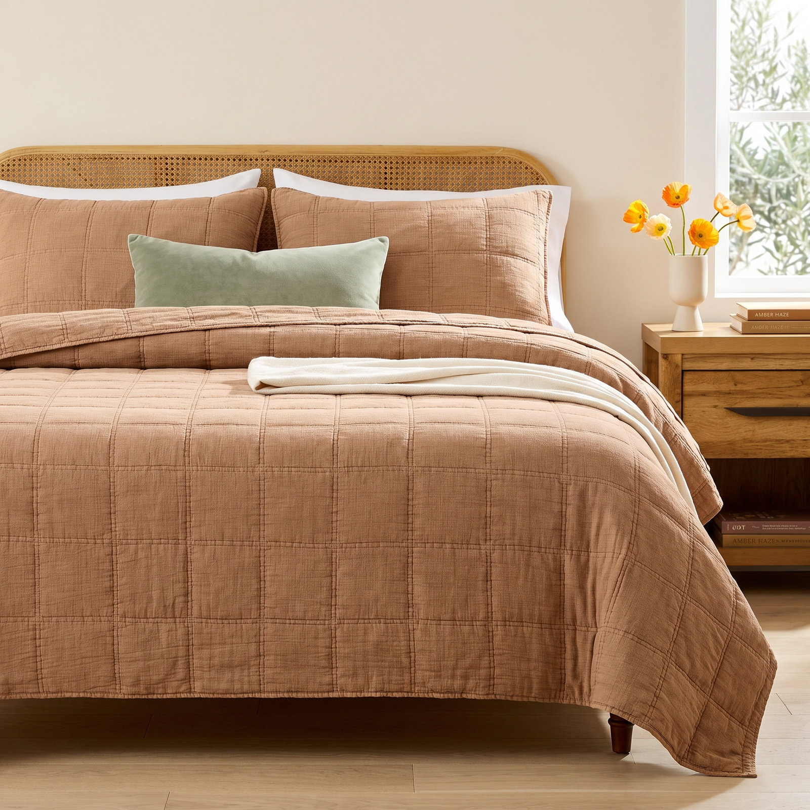 Logan Stone Washed Cotton Quilt Set, King Quilt + 2 King Shams, Brown