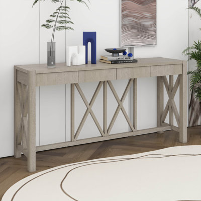 Console en placage d'acacia 60 po avec 4 tiroirs, table d'entrée en X avec rangement ouvert au bas, pieds en acacia massif