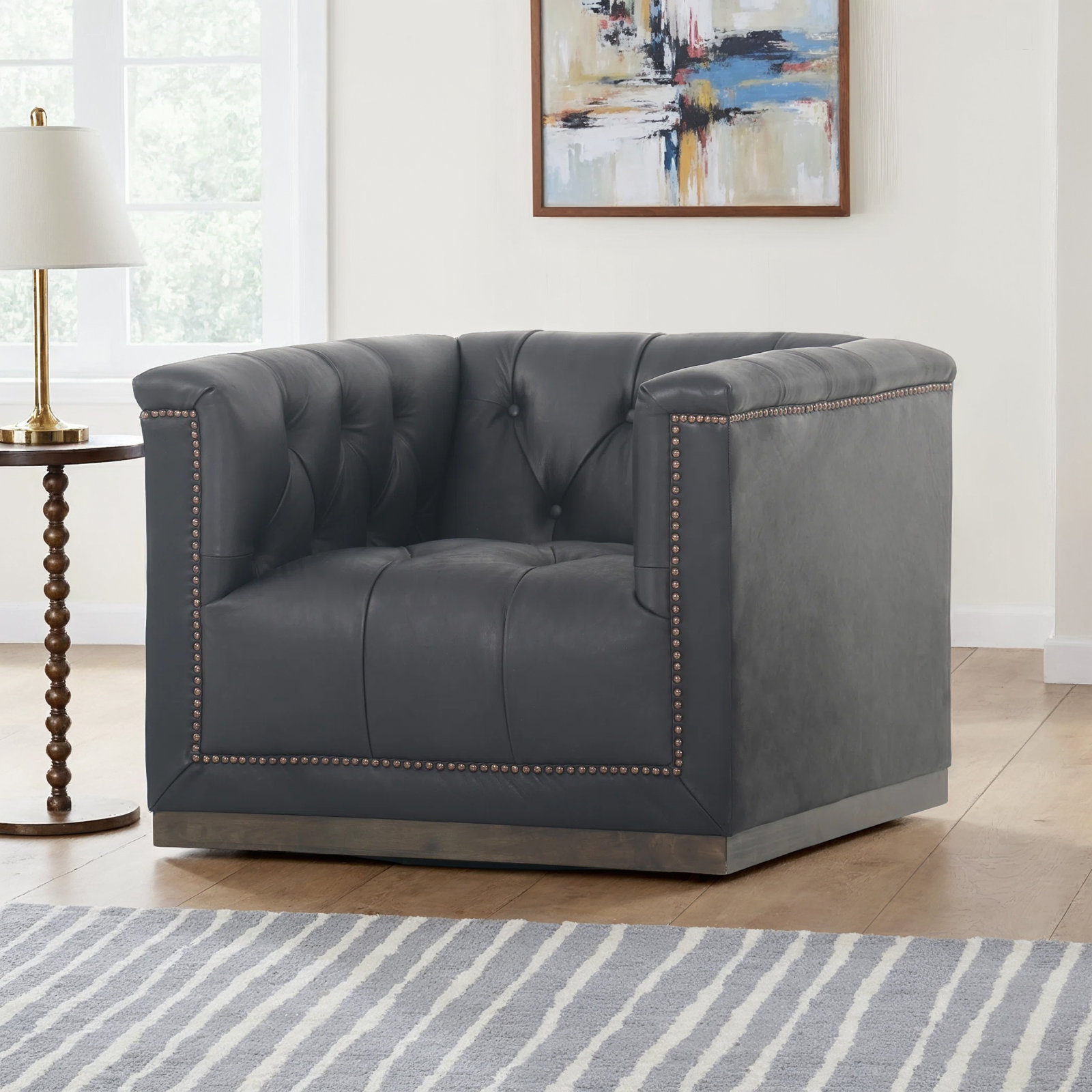 Byer 33.5" Wide Tufted Swivel Armchair, Heirloom Black Leather