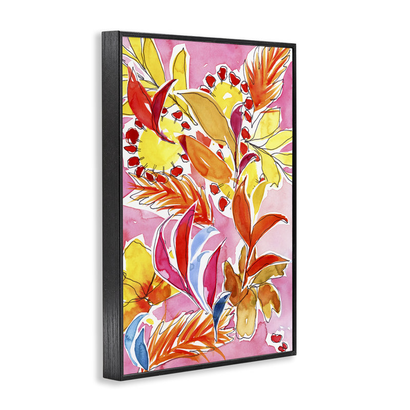 Art botanique orange sur giclée rose par Victoria Barnes, Giclée encadrée noir minuit, H 30 po x l 20 po