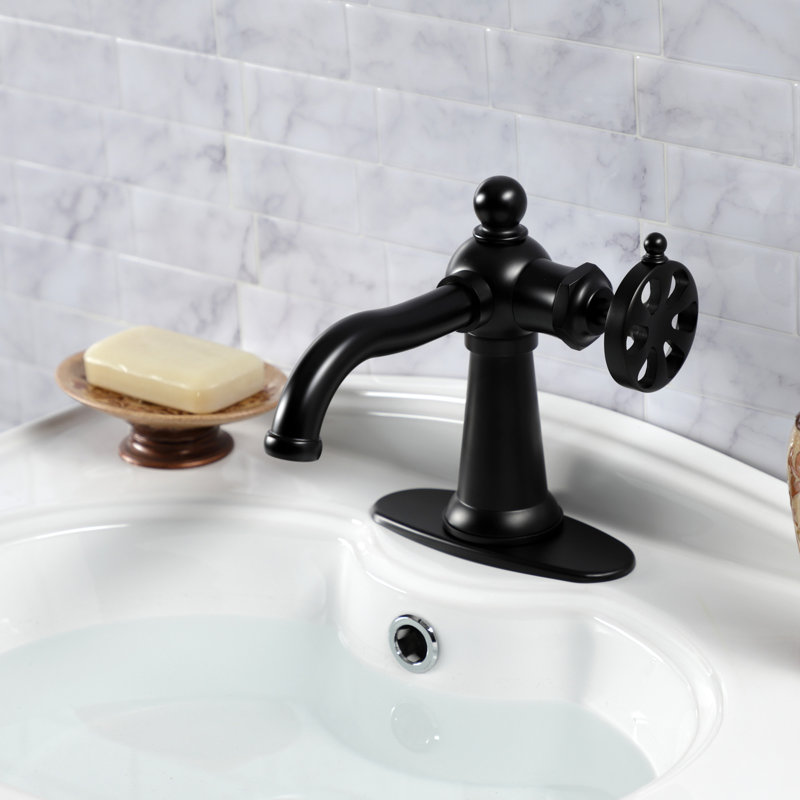 Kingston Brass Belknap Single-Handle 1-Hole Deck Mount Bathroom Faucet with Push Pop-Up and Deck Plate, Matte Black