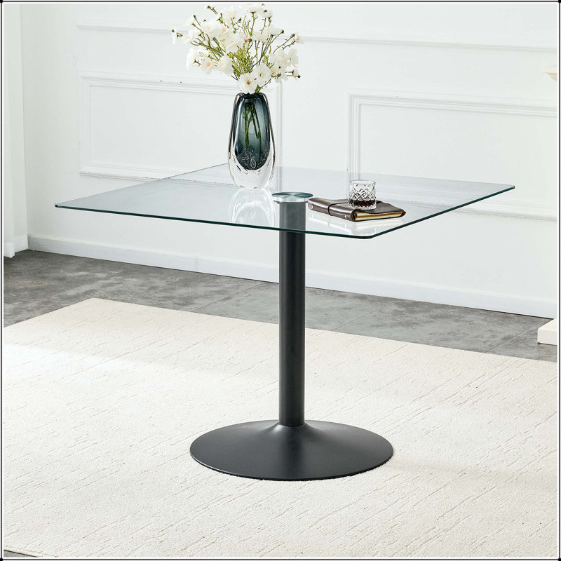 Table de salle à manger carrée en verre avec base en métal à colonne unique, Transparent / noir