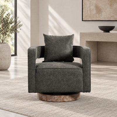 Fauteuil pivotant moderne et confortable en similicuir gris avec base patinée, idéal pour la chambre et le salon d'hôtel.