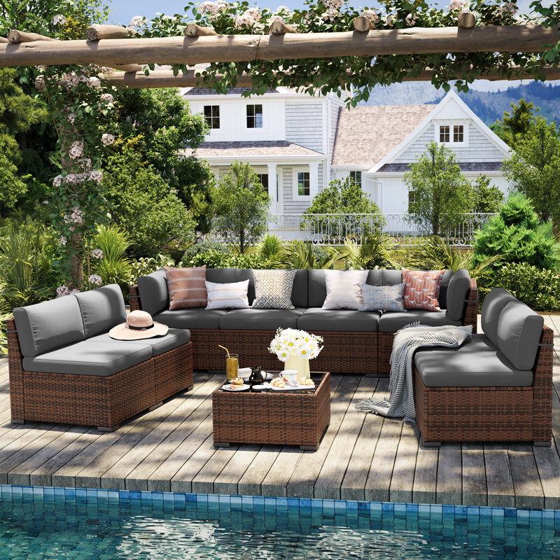 8 Person Rattan Sectional Seating Group With Cushions, Gray, No
