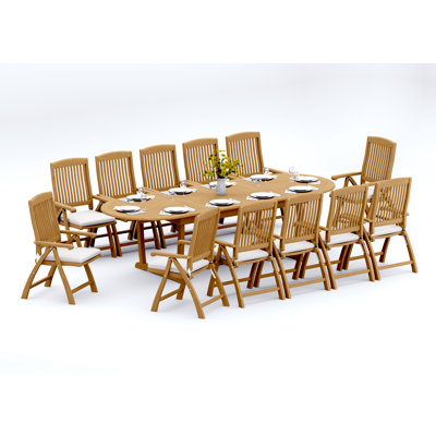 10 Seats 11 Pcs Grade-A Teak Wood Dining Set: 94" Mas Oval Trestle Leg Table And 10 Marley Folding Reclining Arm Chairs #11MR2310