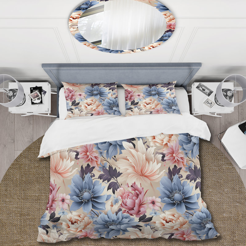Ensemble de housse de couette rose et bleu Paisley Garden Dream I, Housse de couette pour grand lit et 2 taies décor
