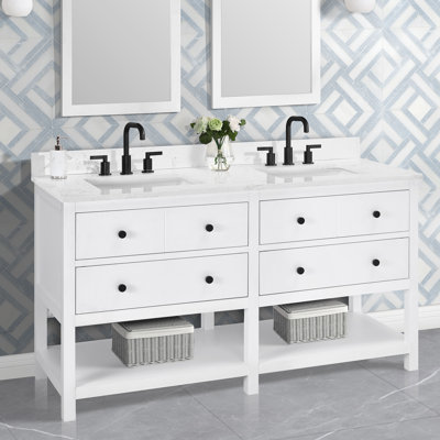 Meuble-lavabo double 60 po avec comptoir en quartz blanc Carrara, lavabo et dosseret Encino, pré-assemblé