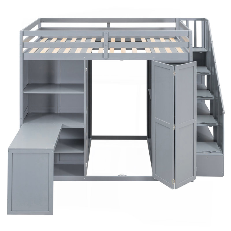 Lit mezzanine double avec garde-robe, bureau et tablettes, gris, Gris