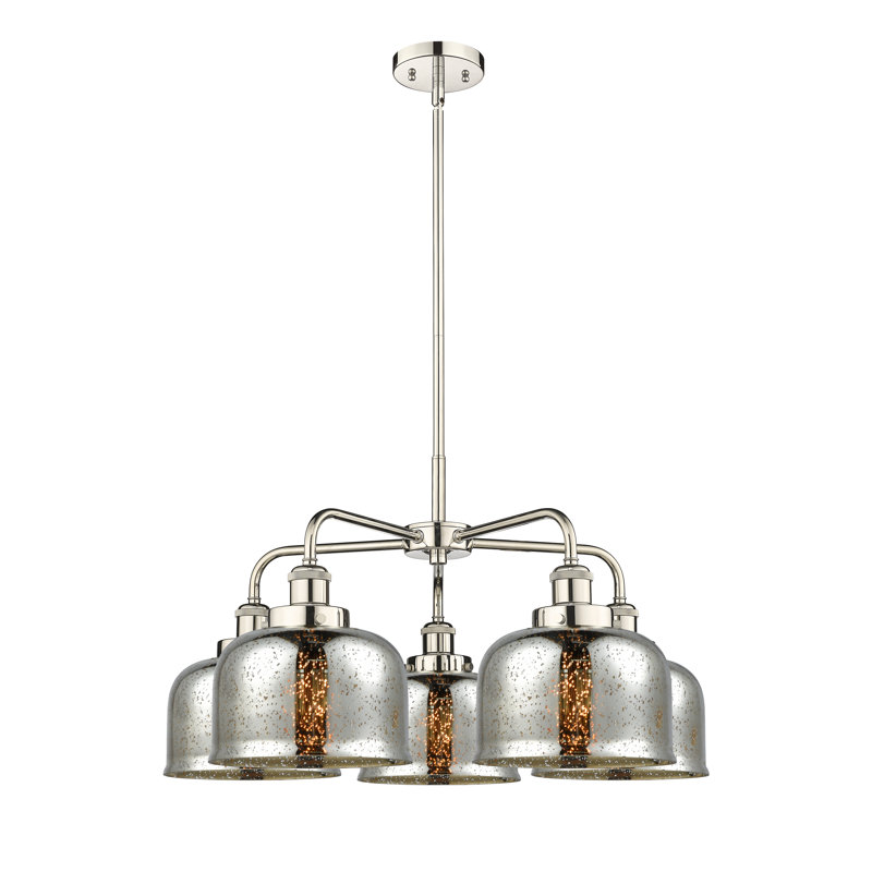 Lustre en verre à 5 lumières Bell, Argent mercuré plaqué, Nickel poli
