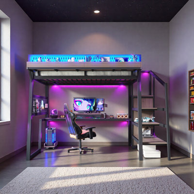 Loft Bed with Storage Stairs, Shelves gaming loft bed with Pegboard and Built-in Wardrobe, Metal Loft Bed Frame with USB Ports and LED Lights