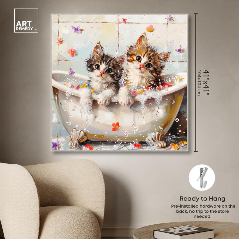 "Colorful Flower Kitty Bath", reproduction d'art sur toile par Art Remedy, Cadre argenté, H 41 po x l 41 po x P 2 po