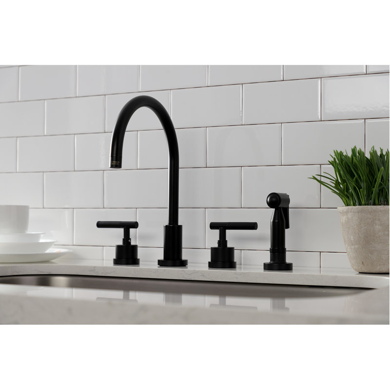 Kingston Brass Kaiser Double-Handle 4-Hole Widespread Kitchen Faucet with Brass Sprayer, Matte Black