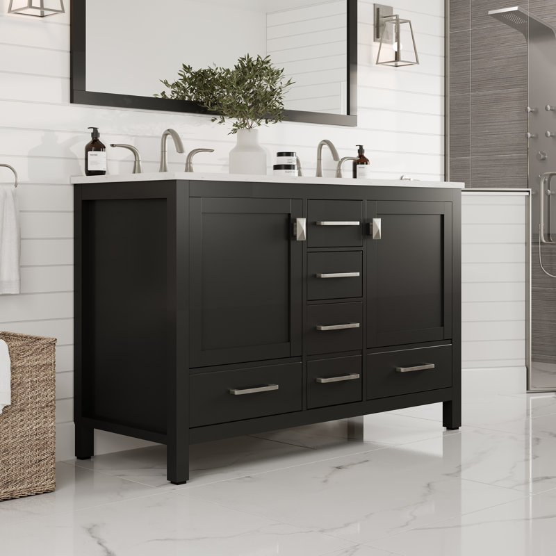 Espresso Solid Wood Double Sink Bathroom Vanity with Carrara Quartz Top